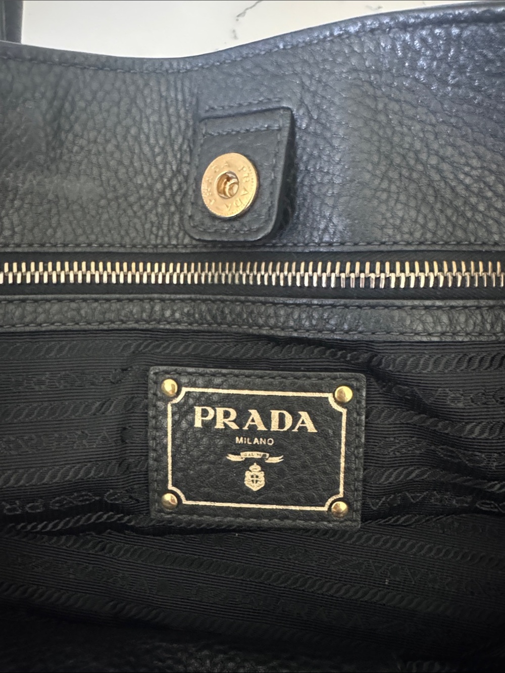 Prada Black Pebbled Leather Satchel with Gold Logo and Strap - Picture 11 of 14